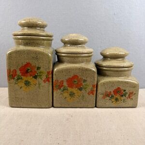 Vintage Clara's Ceramics Floral Canister Set 3 Speckled Stoneware Retro Kitchen